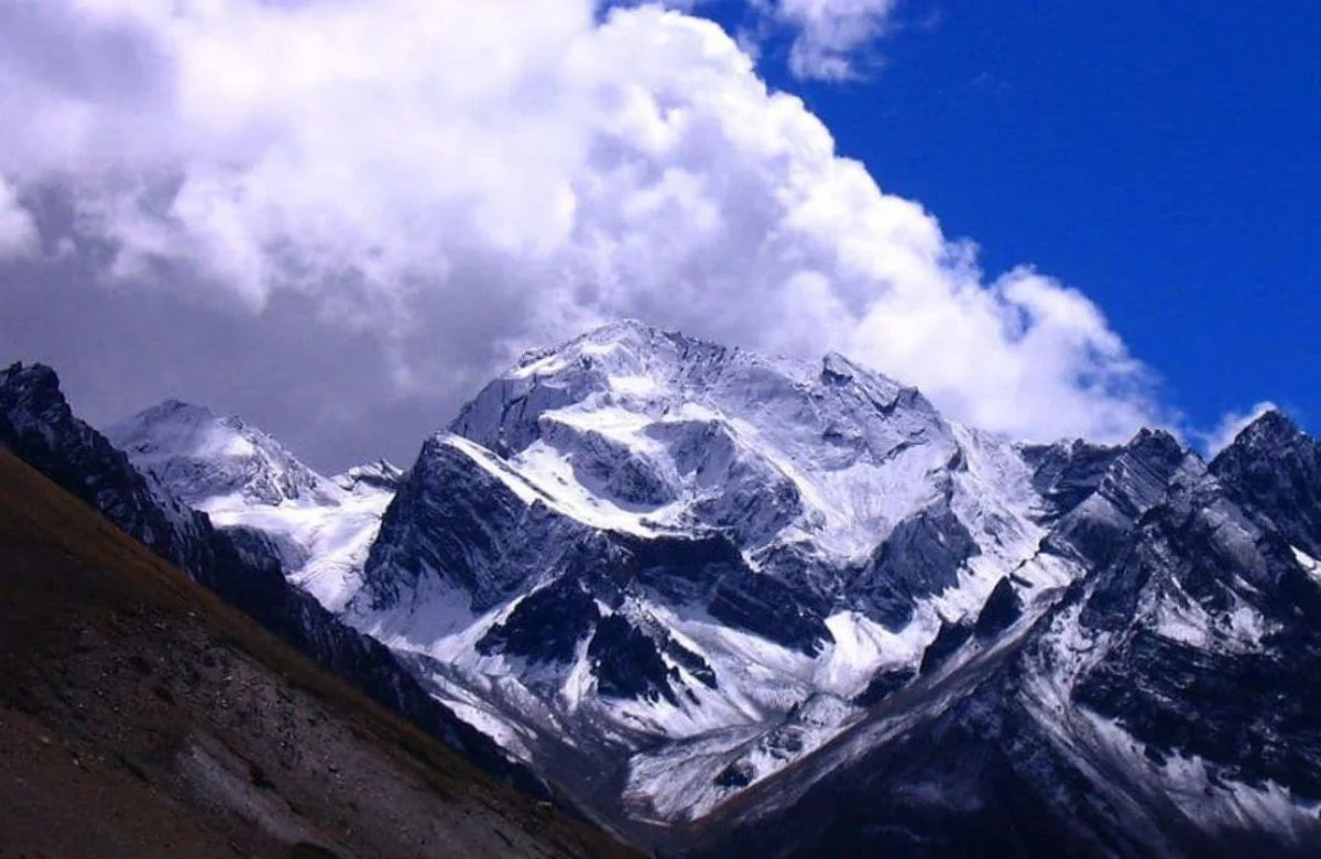 Om Parvat peak showing natural Om snow formation in Kumaon Himalayas, Uttarakhand