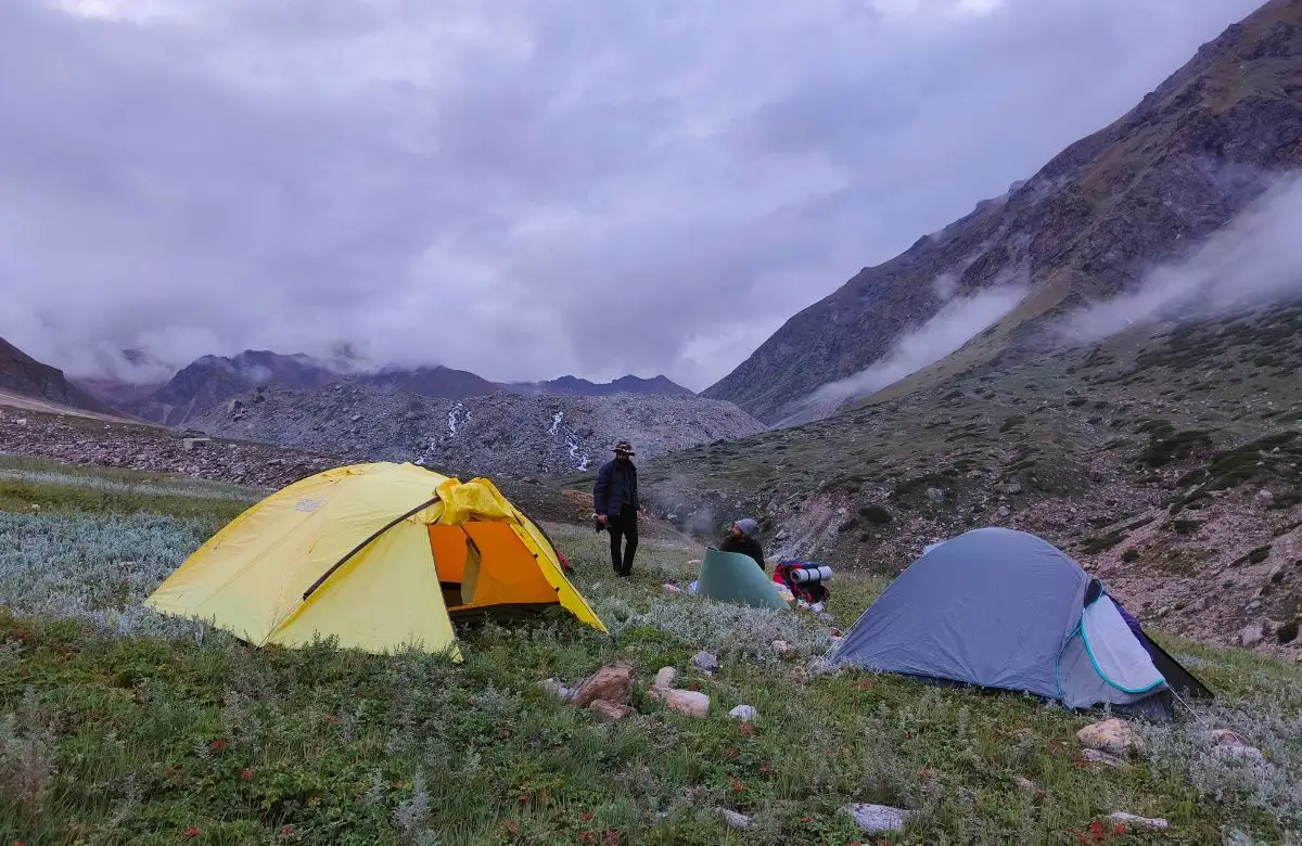 Snow-covered Panchachuli peaks viewed from Munsiyari with lush green meadows in the foreground
