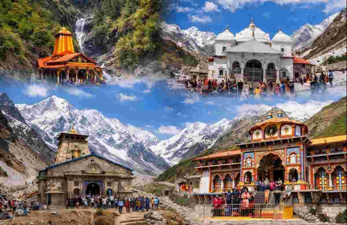 Char Dham Yatra Uttarakhand weather guide image showing Yamunotri Gangotri Kedarnath and Badrinath temples in Himalayas